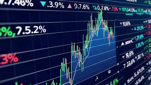 Stock market board shows finance percentage spikes. Market values change in stocks section. Trader reads stocks activity from market data. Stocks fluctuate based on financial market behavior