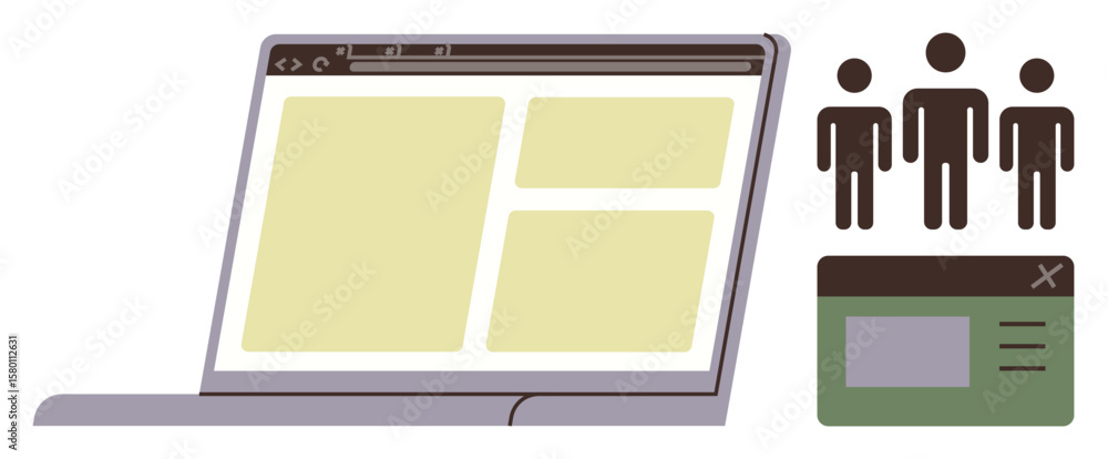 Aufkleber laptop screen with website layout, user group icons, confirmation pop-up window. ideal for web desig