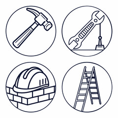 Fototapeta premium Set of four circular icons representing construction and diy tools and safety equipment