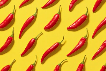 Vibrant red chili peppers arranged in a repeating pattern against a bright yellow background, casting slight shadows