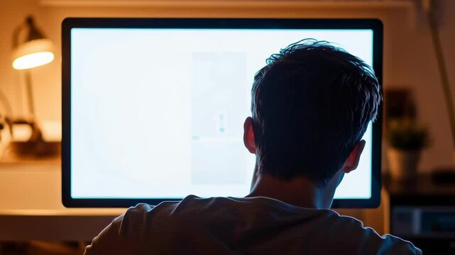 A man is sitting in front of a computer monitor with a black screen. The room is dimly lit, and the man is focused on his work