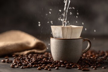 Water pours into a paper filter atop a gray mug nestled in roasted coffee beans; burlap in the background