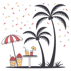 Tropical celebration scene — palm trees, confetti, drinks — on white

