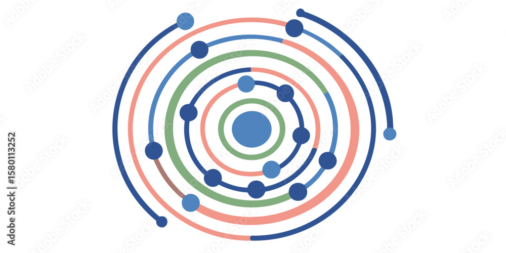 Poster circular design with concentric rings and dots in blue green and peach color palette forming atom sh