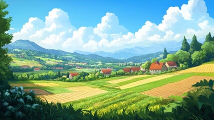 Obraz premium Panoramic view of a picturesque valley with farmland and houses.