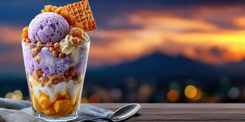 A vibrant Filipino halo-halo in a tall glass