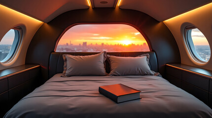 Luxurious first class airplane bedroom with plush gray beds and cityscape view at sunset