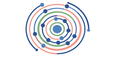 Circular design with concentric rings and dots in blue green and peach color palette forming atom shape
