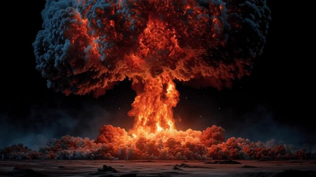 A large, fiery explosion is depicted in the image, with the smoke and fire filling the sky. The scene is intense and dramatic, evoking a sense of danger and destruction
