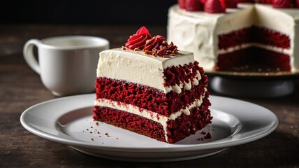 A mouthwatering slice of red velvet cake topped with cream cheese frosting, set on a white plate beside a cup of coffee.