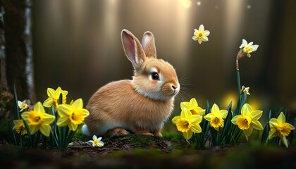 Fototapeta premium Charming Easter Bunny Portrait Amidst Blooming Daffodils in a Lush Spring Forest Landscape