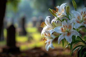 White lilies with orange speckles, gently illuminated, stand prominently in the foreground against a softly focused backdrop of weathered tombstones in a cemetery
