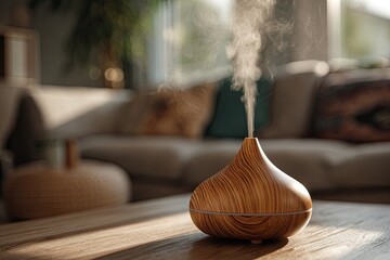 Wooden diffuser emitting a gentle steam, sits on a coffee table in a sunlit living room, blurred background showing sofa and plants