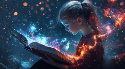 Girl absorbed in a book with magical light and cosmic energy emanating from its pages