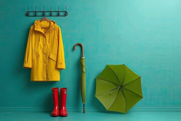 Yellow raincoat, red boots, and green umbrella hang on a teal wall near a coat rack
