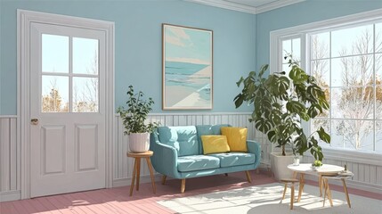 Fototapeta premium Cozy Living Room with Soft Pastel Colors, Bright Windows, and a Comfortable Nook for Relaxation