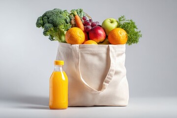 A beige tote bag overflowing with fresh produce?broccoli, carrots, grapes, apples, oranges, and parsley?sits beside a bottle of orange juice on a light gray background