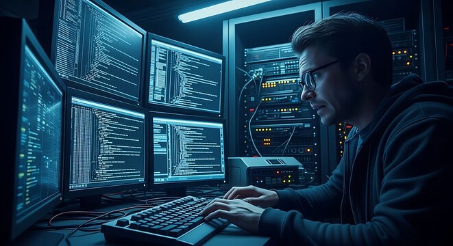 Software Developer Working on Code in Dark Room. AI Generated