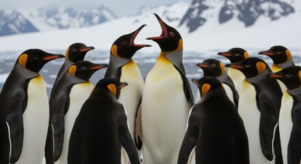 Obraz premium A boisterous gathering of emperor penguins, surrounded by snowy peaks and icy terrain