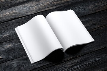 A blank, open magazine lies on a dark wood surface, its pages gently curved, showcasing a clean, minimalist design with subtle shadows
