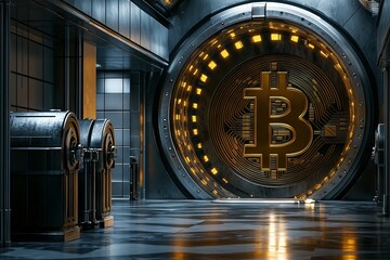 Secure Digital Assets: Gold Safe Box with Bitcoin Emblem