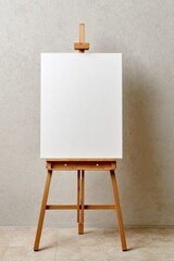 A blank white canvas on a simple wooden easel stands against a textured neutral wall