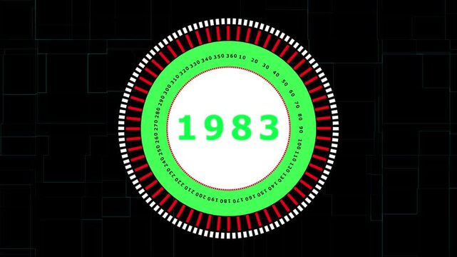 Retro Countdown Timer 1983 Digital Clock Futuristic Abstract Design Animated Circular Dial with