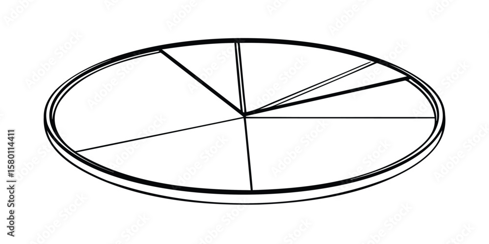 Poster isometric pie chart diagram with multiple slices and a thick border line in black and white colors
