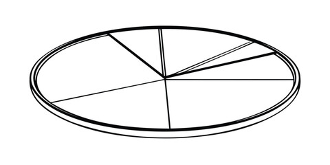 Isometric pie chart diagram with multiple slices and a thick border line in black and white colors