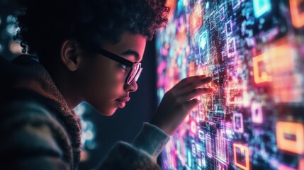 Young Person Interacting with Futuristic Digital Interface, Glowing with Data
