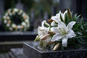A bouquet of pristine white lilies rests on a dark granite gravestone in a cemetery, a blurred floral wreath in the background