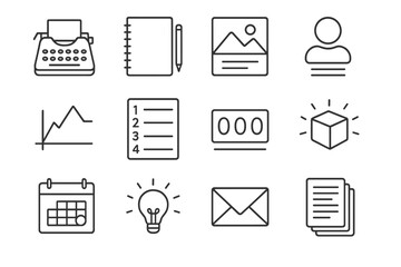 Minimalist office icons: typewriter, notebook, graph, calendar, lightbulb