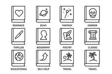 Icons representing various book genres on a dark background