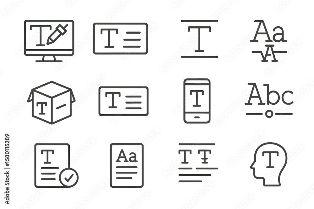 Aufkleber typography and text editing icons for graphic design