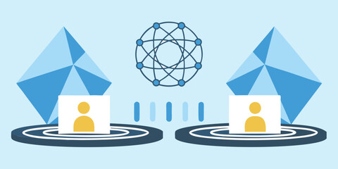 Networked individuals connected by technology with geometric shapes and digital connection