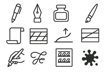 Fototapeta premium Artistic tools icons set with pen, brush, ink, and paper elements