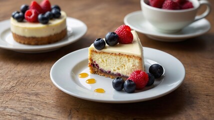 Delicious cheesecake slice topped with fresh berries and drizzled with sauce, served on a rustic...
