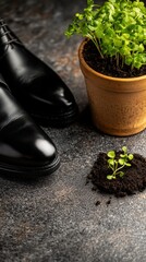 Black leather shoes next to a pot of soil with green sprouts. Top view