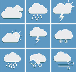 Collection of flat design weather icons featuring clouds and various weather phenomena