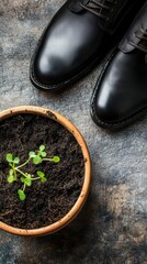 Black leather shoes next to a pot of soil with green sprouts. Top view