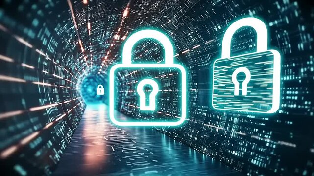 Digital tunnel with glowing padlocks symbolizing cybersecurity and data protection in a tech environment