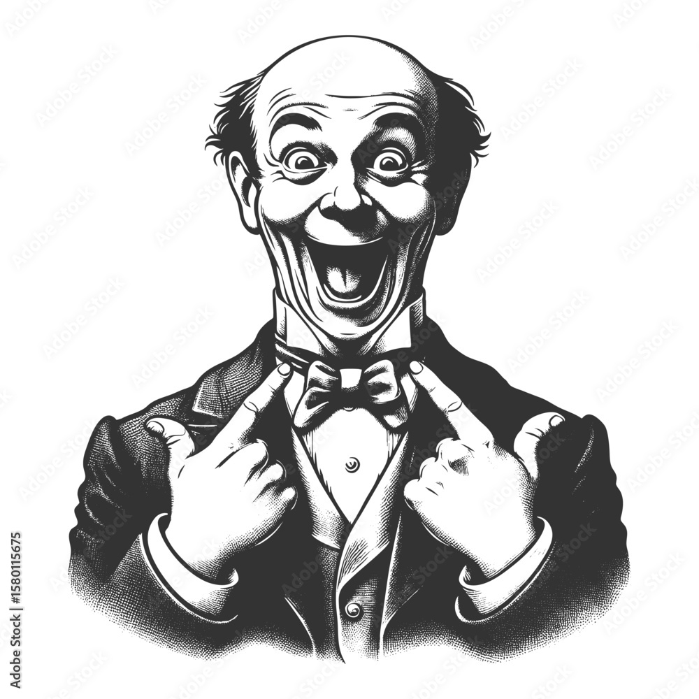 Poster happy man in formal attire, smiling widely and pointing proudly at his bow tie with both hands sketc
