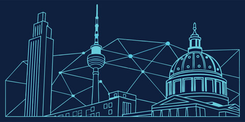 Outline of a city skyline featuring a tower building and a domed structure connected by lines and dots