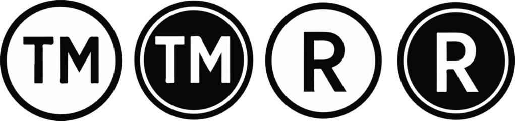 Set of registered trade mark icon symbol isolated on transparent background. TM symbol icon. R icon symbol. copyright icon