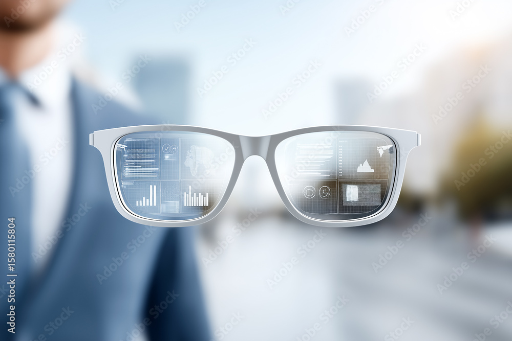 Poster glasses display digital analytics overlay highlighting business growth metrics. professional setting