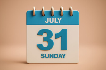 Vivid 3D Rendering of a July 31 Calendar Page Highlighting Sunday with a Bright and Cheerful Design Style