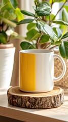 Mug mockup, with a wooden slice base with a green plant in the back of the scene