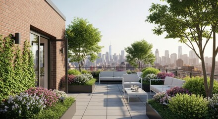 Modern Rooftop Terrace with City Skyline Views and Lush Greenery