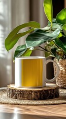Mug mockup, with a wooden slice base with a green plant in the back of the scene