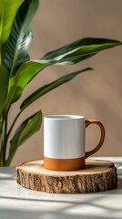 Mug mockup, with a wooden slice base with a green plant in the back of the scene